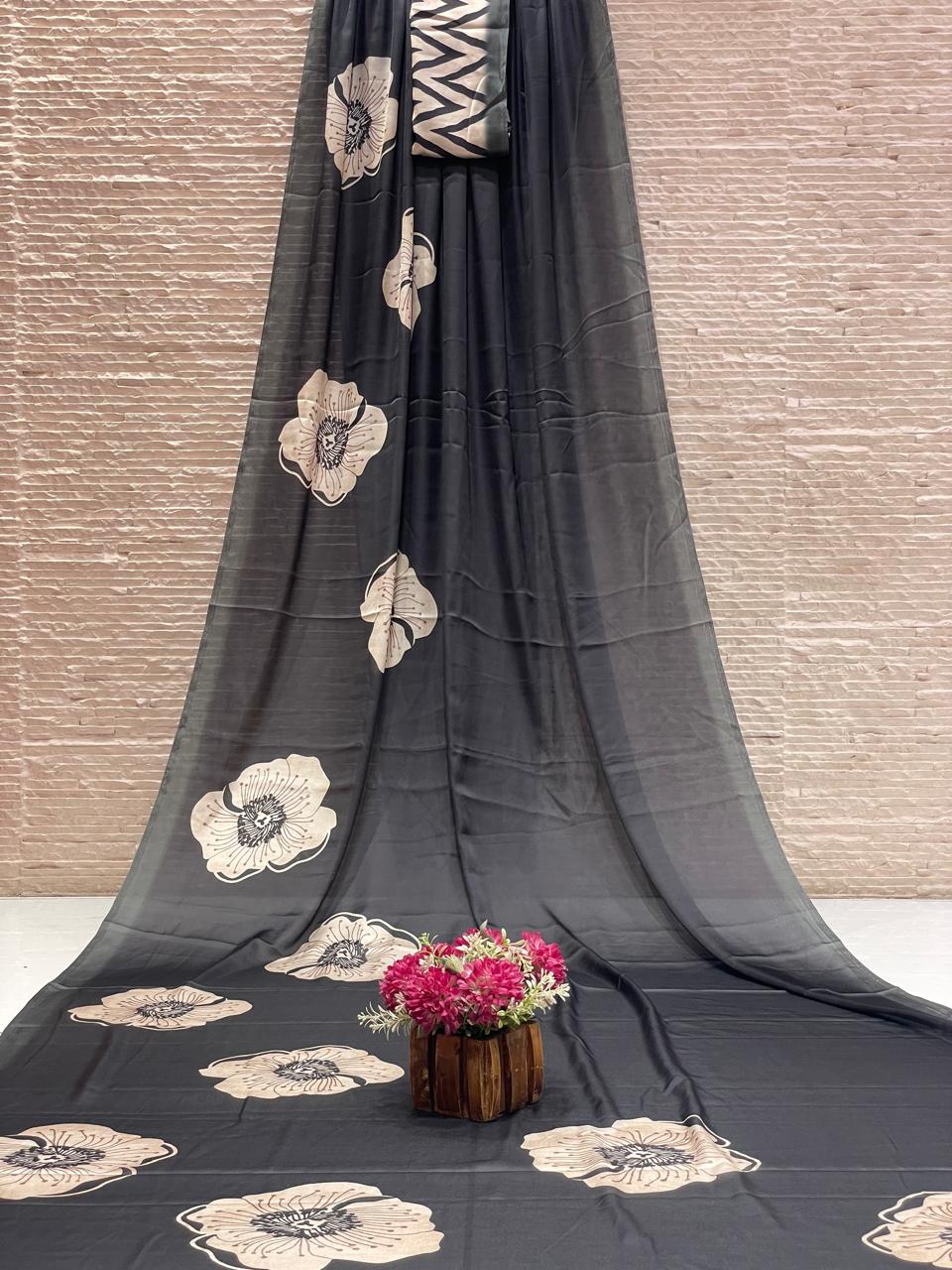 Black beige floral printed saree
