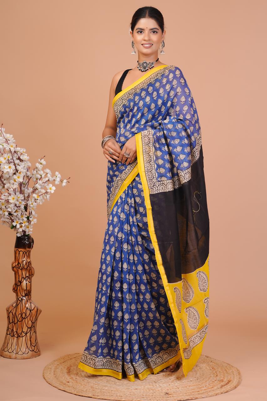 Blue yellow printed saree