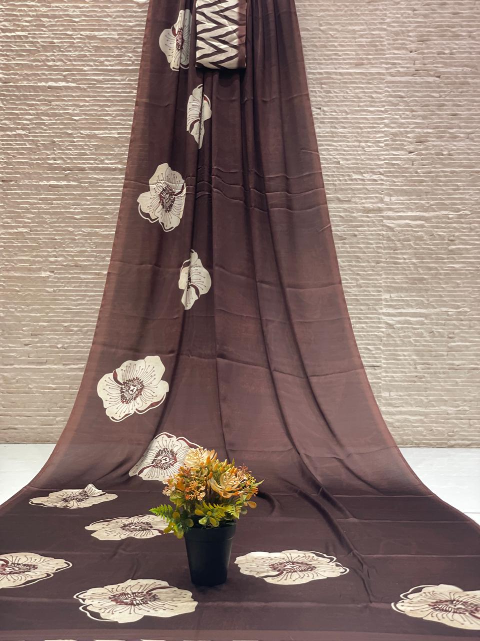 Brown beige floral printed saree
