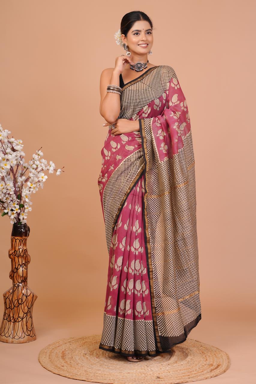 Pink black checkered printed saree