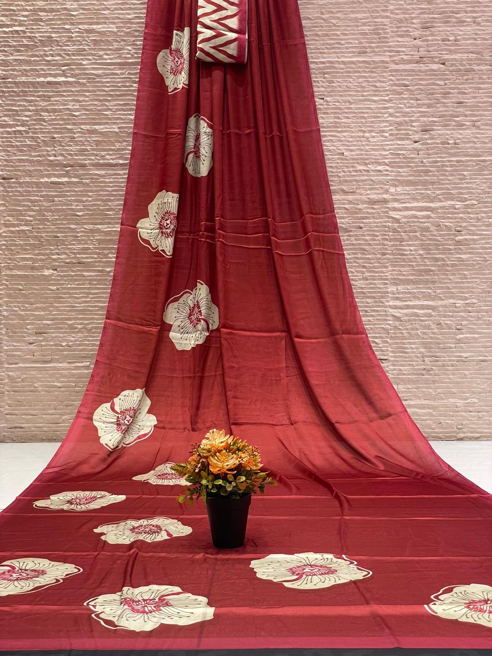 Red beige floral printed saree