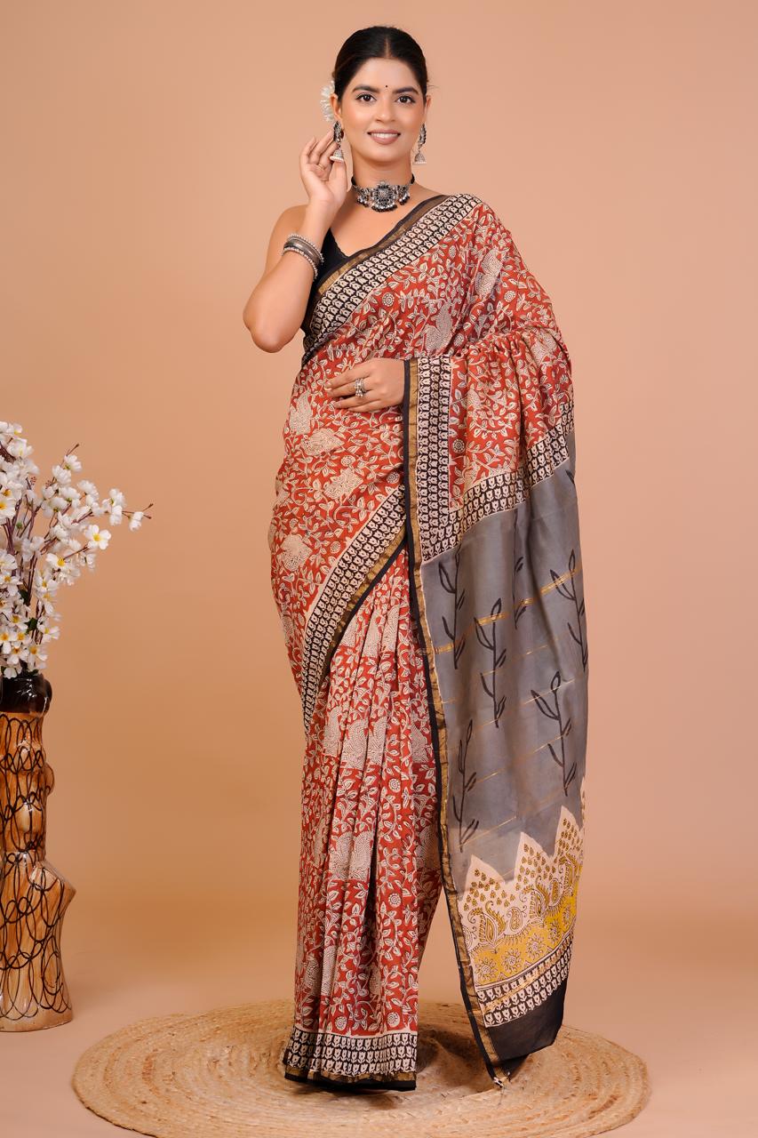 Red grey printed saree