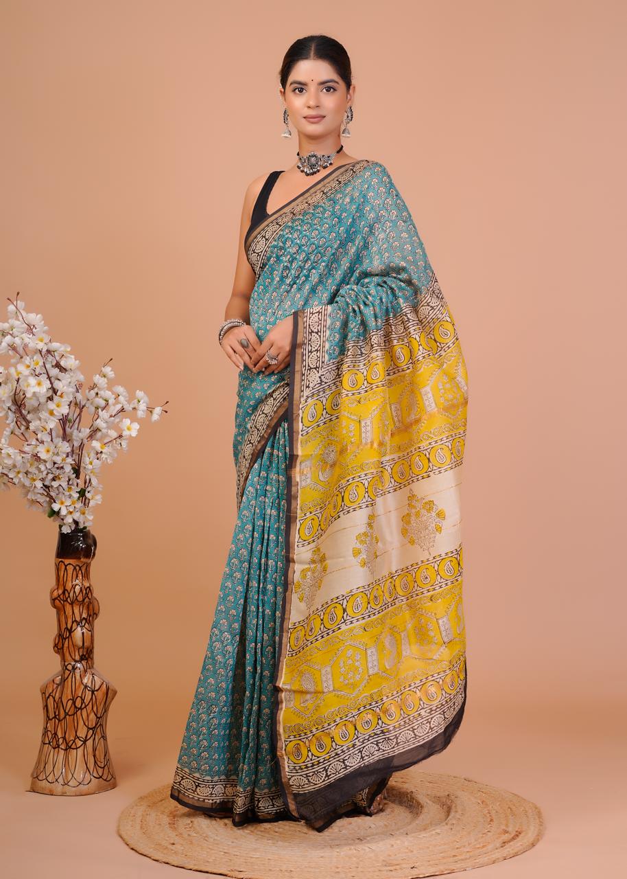 Teal yellow printed saree
