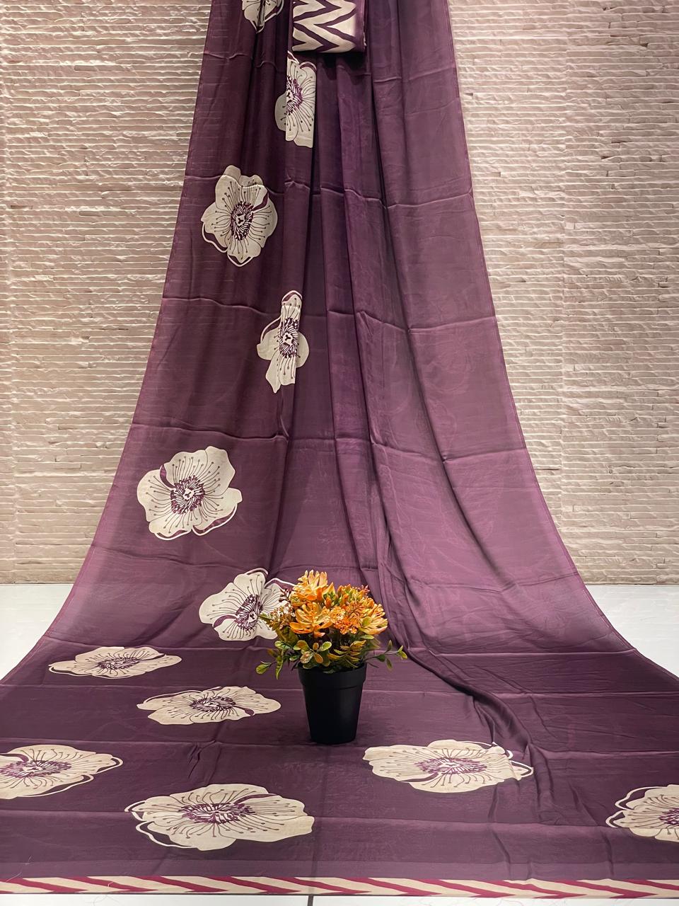 Wine purple beige floral printed saree